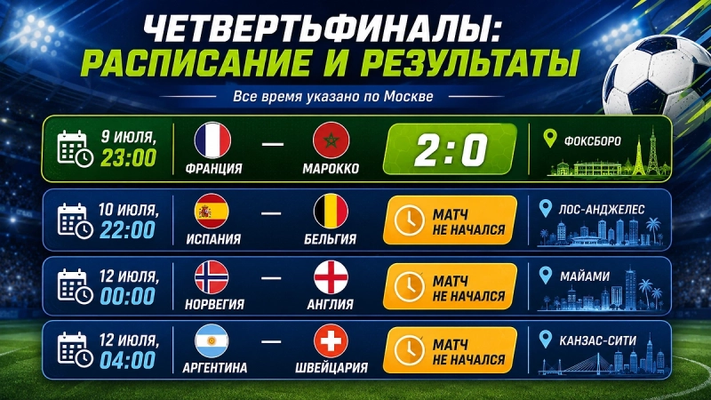 Четвертьфиналы ЧМ-2026: расписание, результаты и Месси