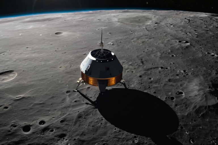 Artemis II: пилотируемый облет Луны в 2026 году — все, что нужно знать — A realistic photo of the Orion spacecraft approaching the Moon, with the lunar surface visible below and Earth in the background, taken from a distance of about 7,400 km, showing the spacecrafts solar panels and service module, in the style of NASA mission photography, no text or logos.