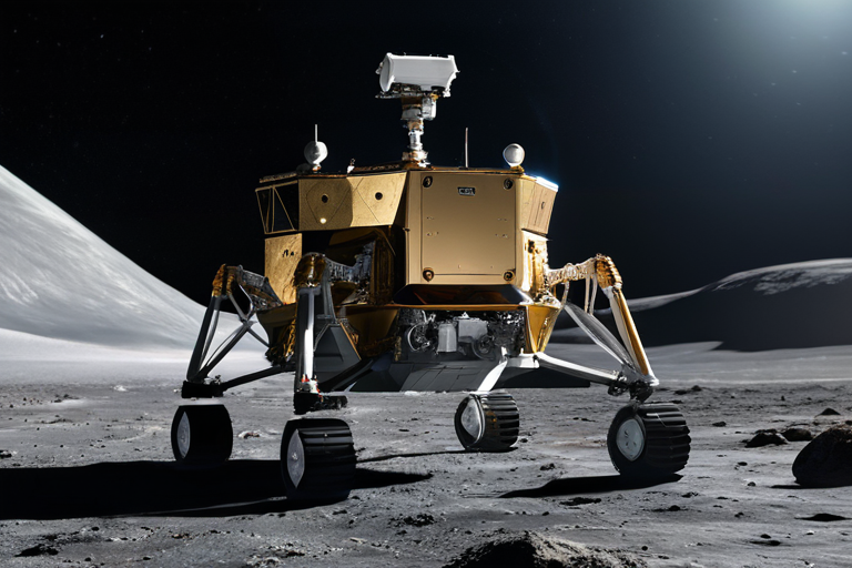 Change-7: Китай готовится к исследованию южного полюса Луны — A detailed CGI rendering of the Chinese Change-7 lunar lander and rover on the Moons south pole, with a mini flying probe hovering above a shadowed crater, Earth visible in the background, realistic space environment, high resolution, no text or logos.