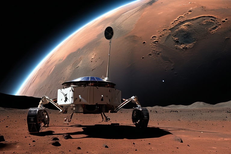 MMX: зачем Япония возвращает образцы с марсианских спутников — A photorealistic depiction of the Japanese MMX spacecraft approaching the Martian moon Phobos, with the spacecrafts solar panels extended and a robotic arm ready for sample collection, set against the backdrop of Mars and the blackness of space, with Phoboss irregular rocky surface visible in detail.