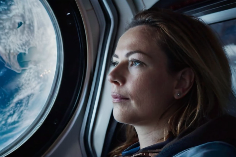 Космический туризм в 2026 году: что предлагают компании — A realistic photo of a space tourist floating inside the cabin of a commercial spacecraft, looking out of a large window at Earth below, with stars visible in the background, taken from inside the capsule, showing the curvature of the planet, in 2026, high-resolution, no text or logos.
