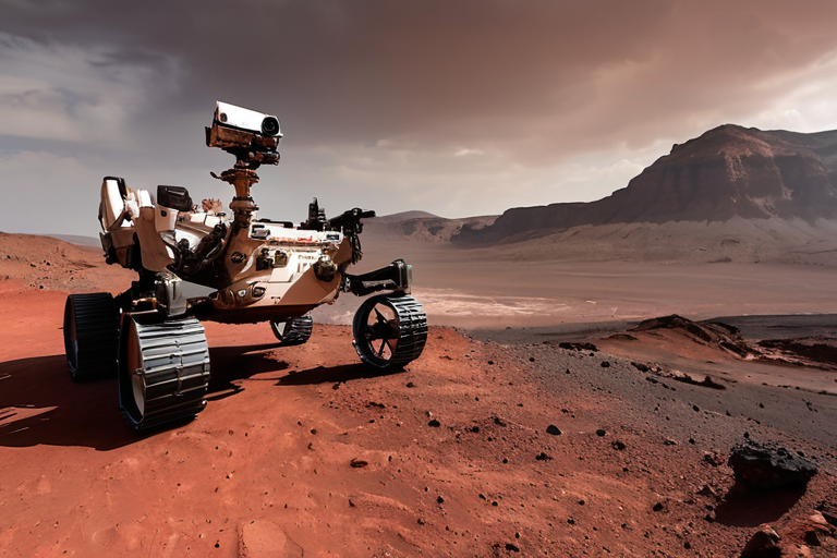 Марсианские миссии 2026: от роверов до возврата образцов — A photorealistic image of the Perseverance rover on the Martian surface at Jezero Crater, with its robotic arm extended towards a rock sample, in the background the red rocky landscape and a dusty sky, 2026 mission, no text or logos
