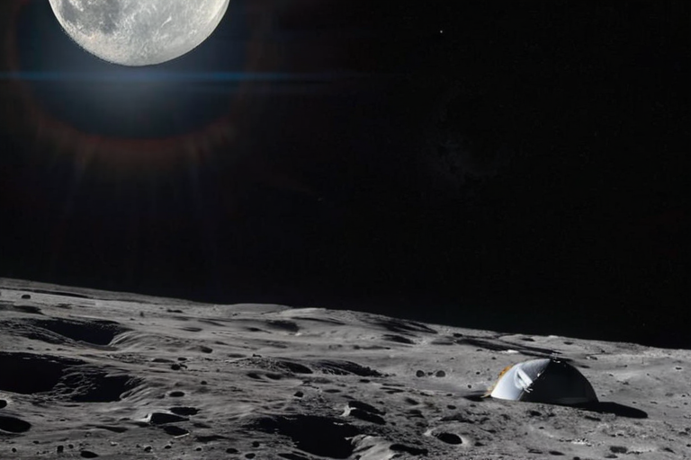 Лунные миссии 2026: кто и зачем летит к Луне — A photorealistic image of the Orion spacecraft approaching the Moon during the Artemis II mission, with Earth in the background, astronauts visible in the windows, and the lunar surface below. The scene is set in deep space, with sunlight illuminating the spacecraft and the Moons craters clearly visible. The image conveys the excitement of human spaceflight returning to the Moon.