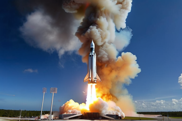 Космические запуски 2026: календарь самых ожидаемых событий — A dramatic launch of a heavy-lift rocket at Kennedy Space Center in Florida, USA, with the rocket lifting off from the launch pad, emitting bright flames and smoke, against a clear blue sky with a few clouds, the launch tower visible in the background, cinematic wide shot, photorealistic style.