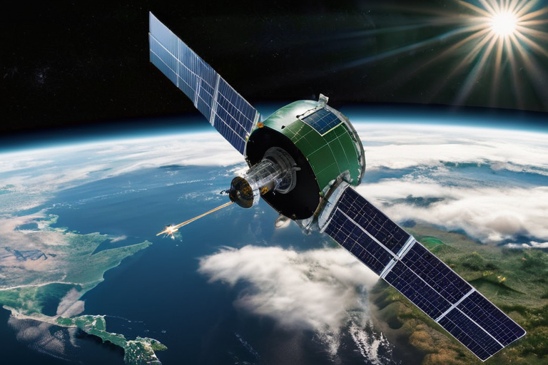 Космос и экология: как спутники спасают Землю — A satellite orbiting Earth, capturing detailed images of forests and oceans, with a view of the planet below showing clouds and green landscapes. The satellite has solar panels and instruments pointing towards Earth. Photorealistic style, high detail, camera angle from space showing Earths curvature.