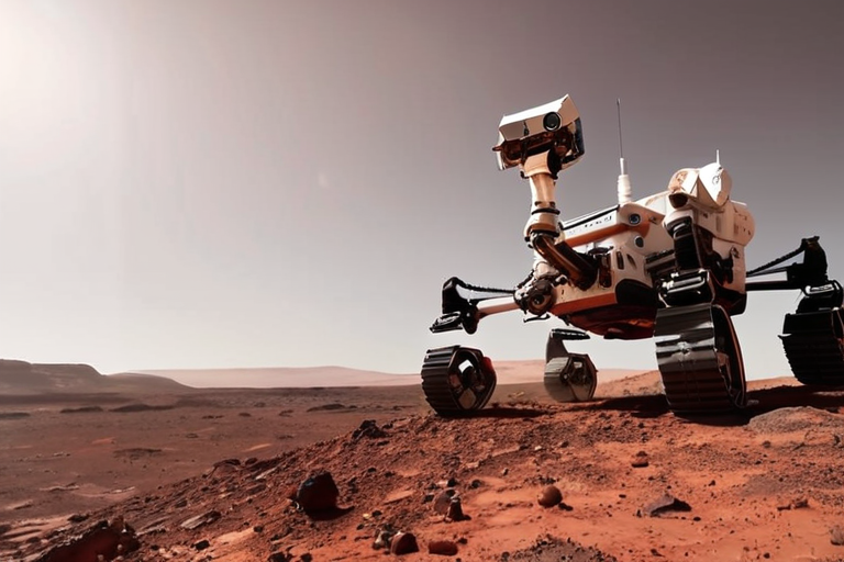 Что такое возврат образцов с других планет и зачем это нужно — A spacecraft collecting soil samples on the surface of Mars with a robotic arm, dust particles flying, red rocky terrain, large robotic rover in background, Martian sky, cinematic lighting, highly detailed, 8k resolution