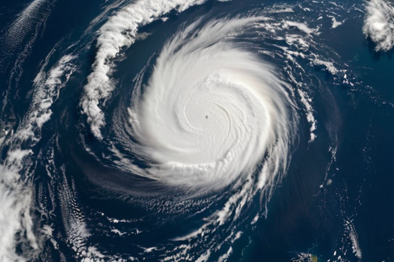 Как космические миссии помогают прогнозировать погоду — A realistic satellite image of Earth from space, showing swirling white clouds and a hurricane in the ocean, with a weather satellite in the foreground, its solar panels glinting in the sunlight, over the Atlantic Ocean, high detail, no text or logos.
